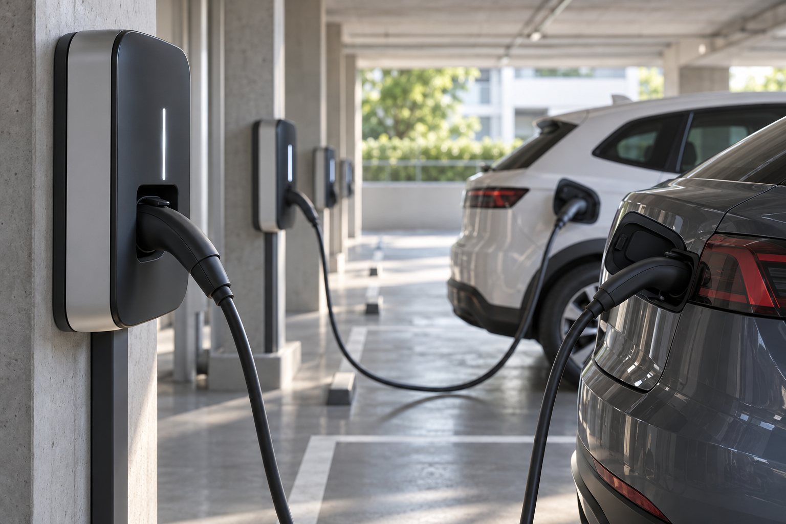 Bornes de recharge pour véhicules électriques installées dans un parking