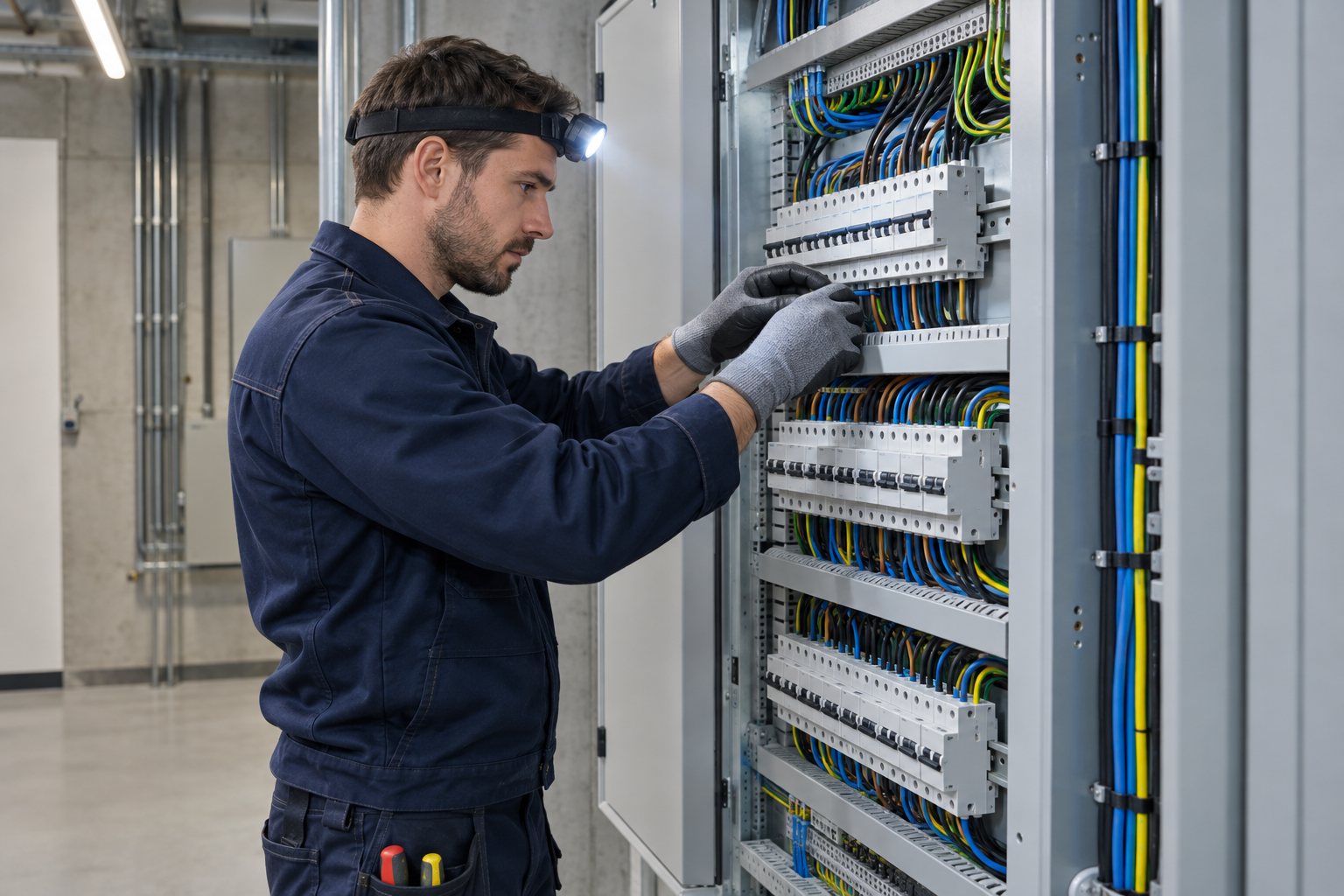 Électricien câblant un tableau électrique